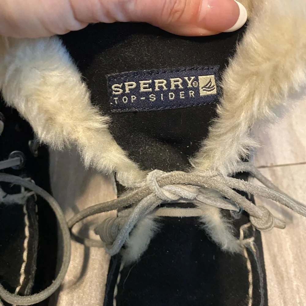 Sperry Top Sider Women Suede Moccasin Boots Black Faux Fur Booties Size 7